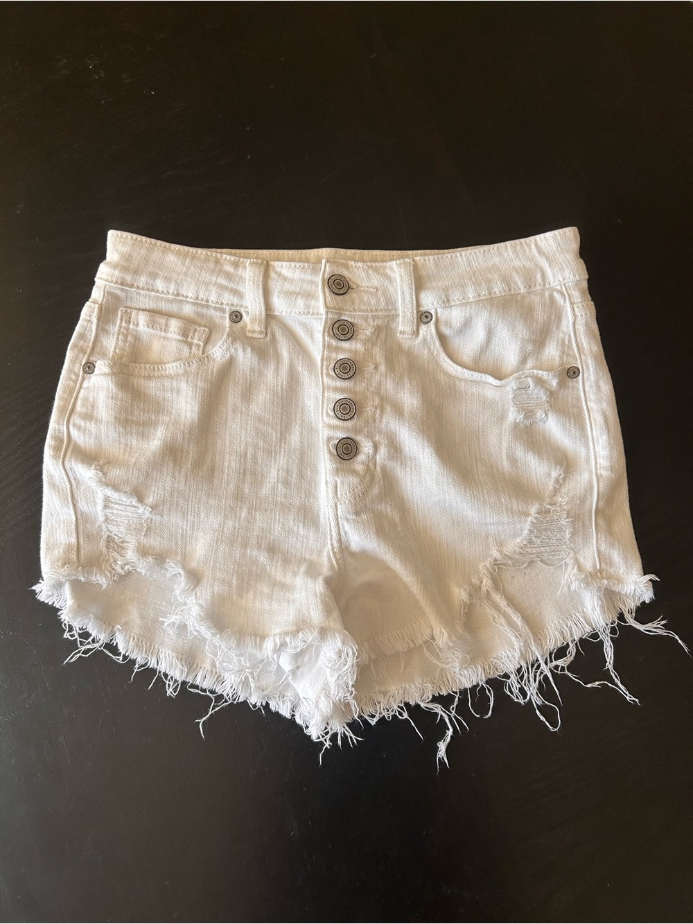 White High-Rise Button-Front Distressed Denim Shorts